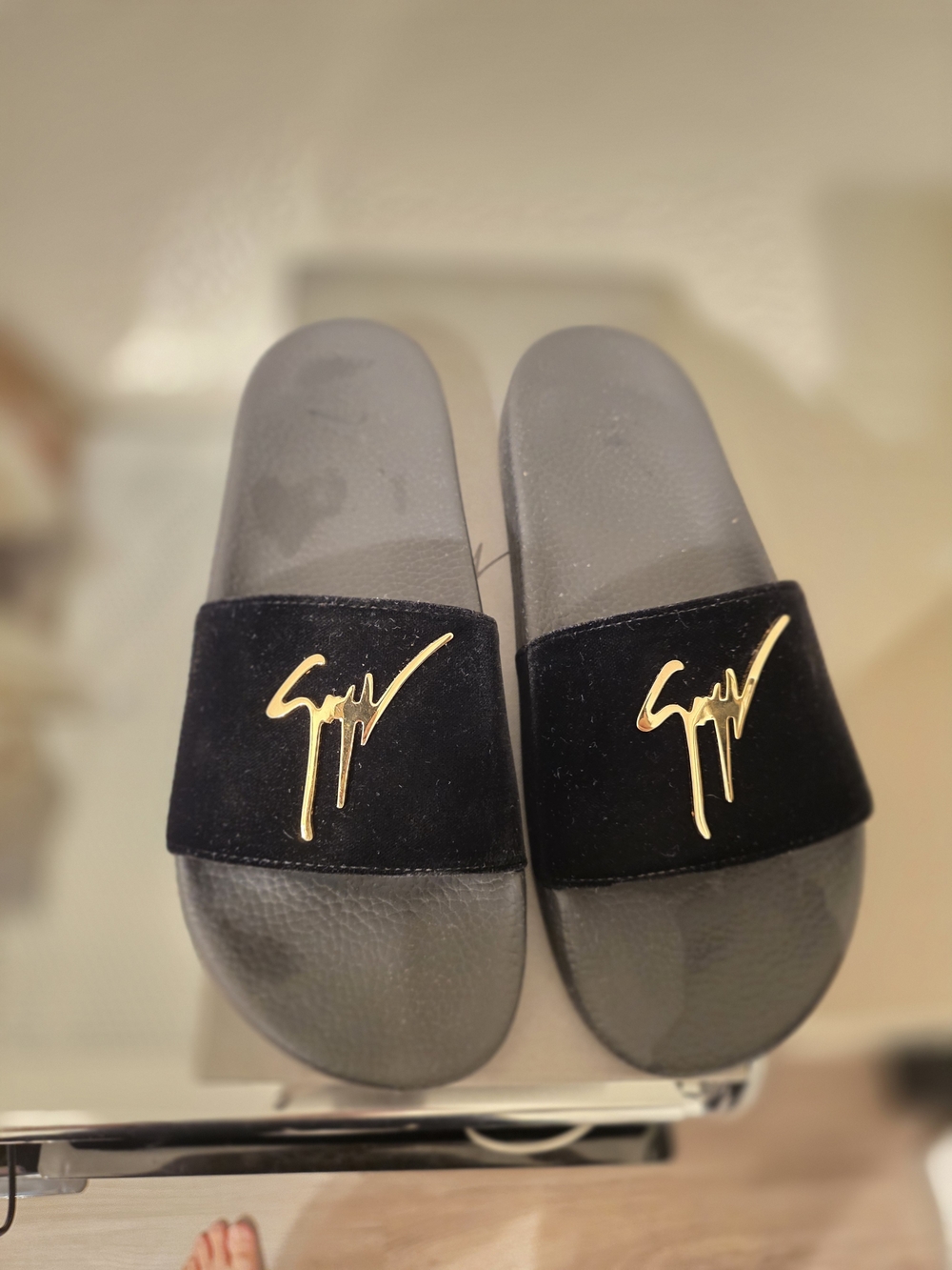 Giuseppe Zanotti Black Velvet Slide Sandals with Gold Logo Size 9